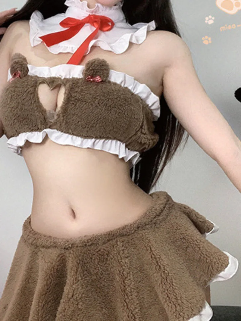 Fun Underwear Set Love Open Chest Cat Ear Plush Pajamas Women\'s Sexy Split Open Navel Two Piece Outfits For Women Summer NVHC