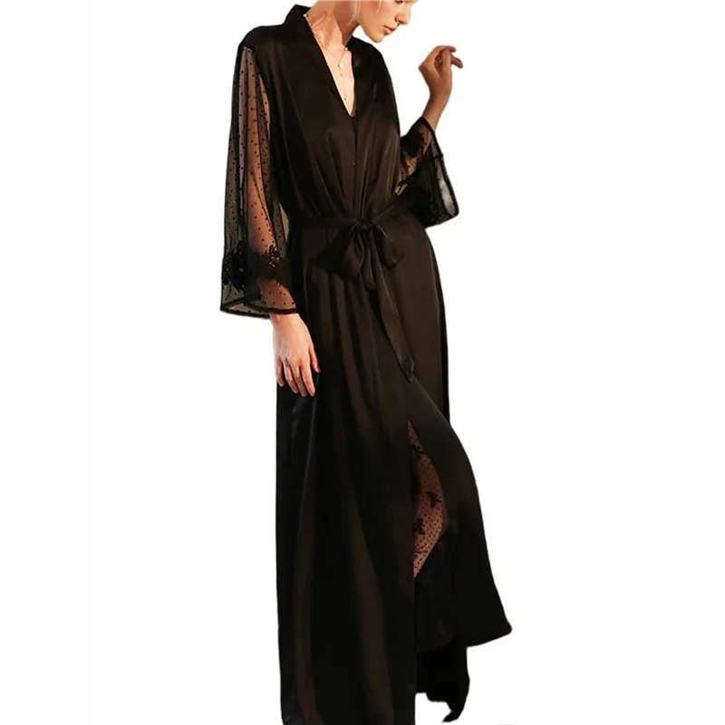 

Women's Long-Sleeved V-Neck Satin Extra-Long Nightgown Spa Dressing Gown Bathrobe Nightgown
