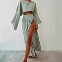 2025 New Casual Solid Skirt Sets Vacation Blended Short Top High Waist Chic Slit Casual Two Piece Sets Womens Outifits