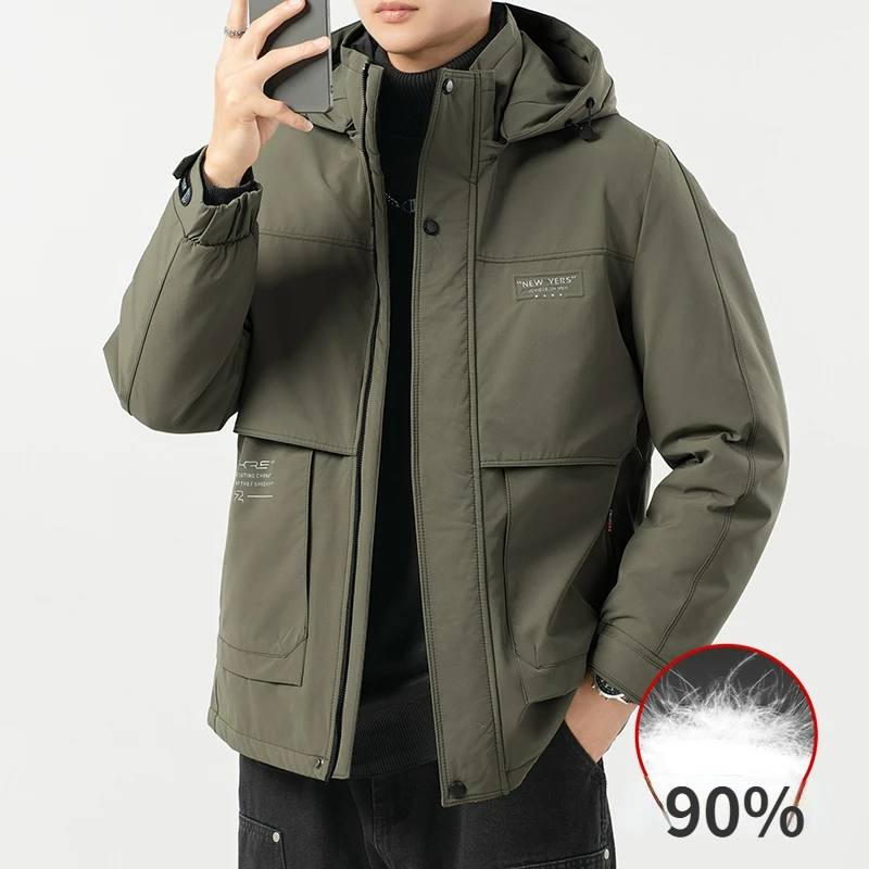 Winter Short Down Jacket Men's Luxury Windproof Warm Detachable Hooded White Duck Down Coat Men Casual Pocket Snow Puffer Jacket