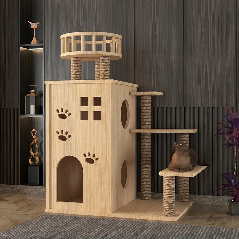 Cat Tree House Climbing Frame Cattery Wooden Cat Villa Toy Cat House Castle Space Capsule Climbing Pole Condo Tower Furniture