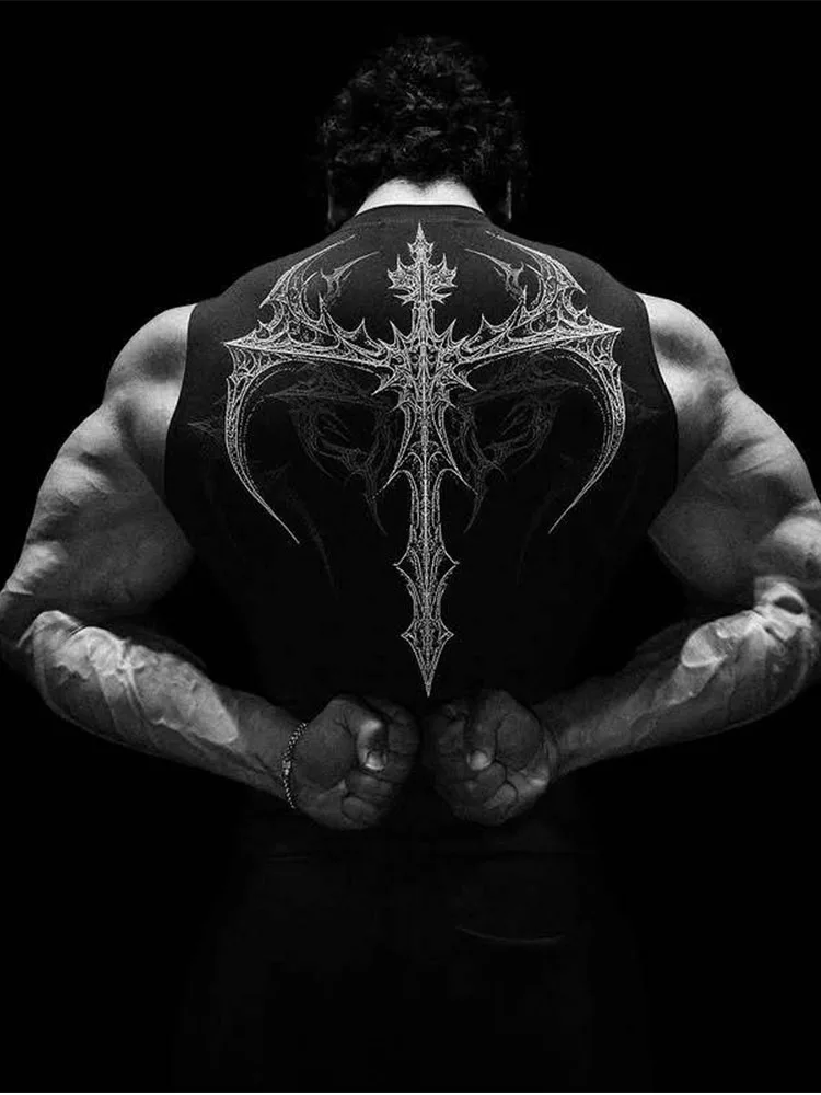 Men's Gothic Cross Print Compression Tank Top Quick Dry Sleeveless Gym Workout Stringer for Bodybuilding Fitness Training