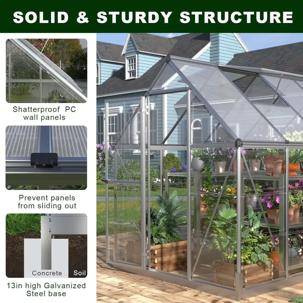 6x12 FT Polycarbonate Greenhouse with 2 Vent Window, Walk-in Hobby Greenhouse with Lockable Hinged Door, Aluminum Hot House