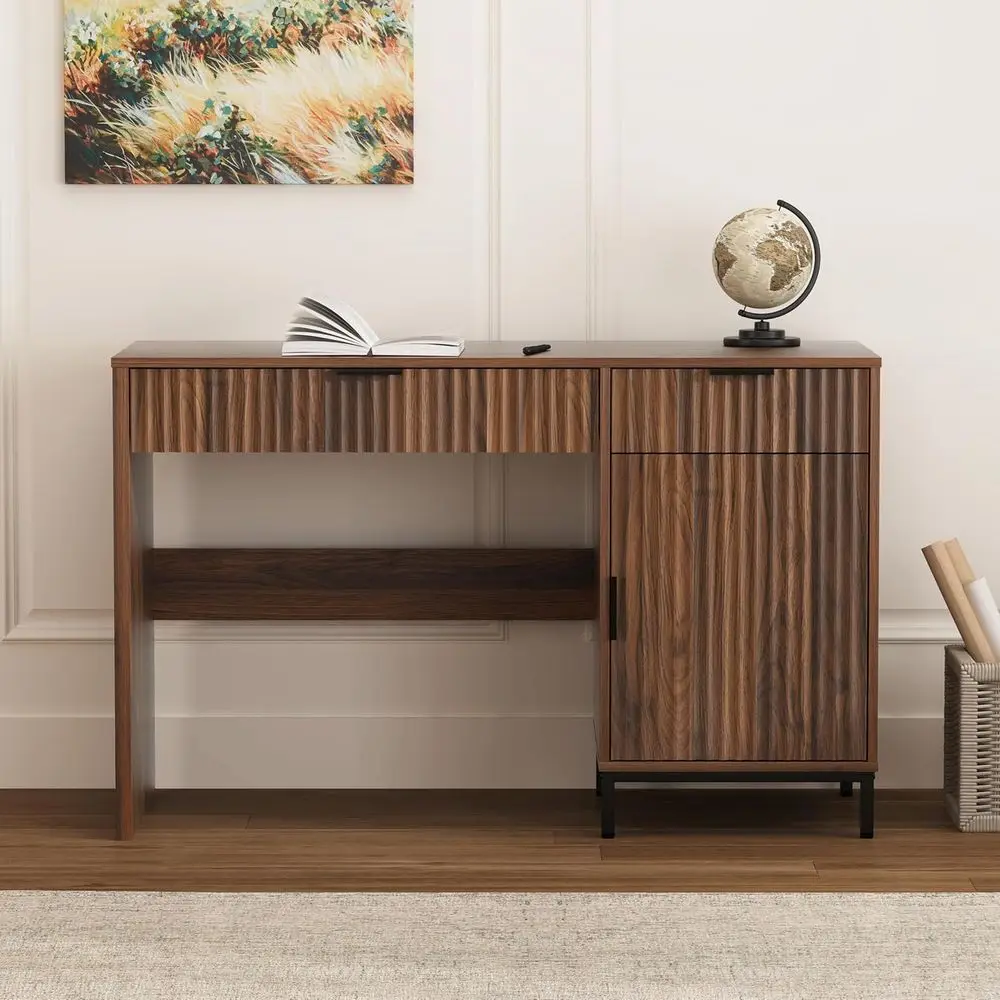 

47 Inch Brown Wooden Executive Desk with Storage, Charging Station, Metal Legs for Home Office or Study
