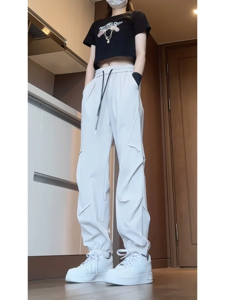 

Мужские летние спортивные брюки из ледяного шелка с быстрым высыханием, прямые, свободного кроя, с манжетами, модные повседневные штаны