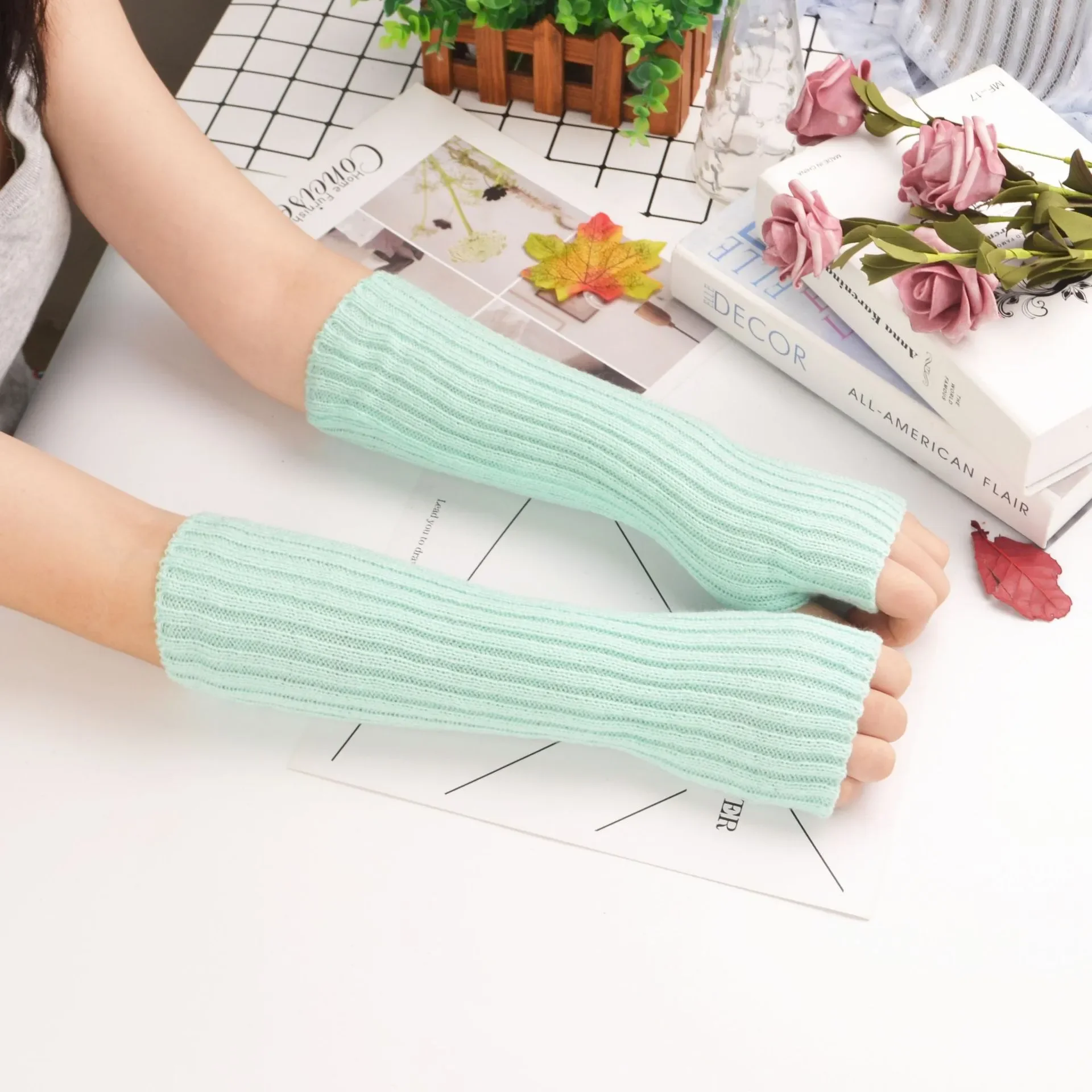 Women Long Fingerless Gloves Knitted Mittens Winter Arm Warmer Punk Gothic DIY Knitting Glove Y2K Girls Solid Gloves Arm Sleeves