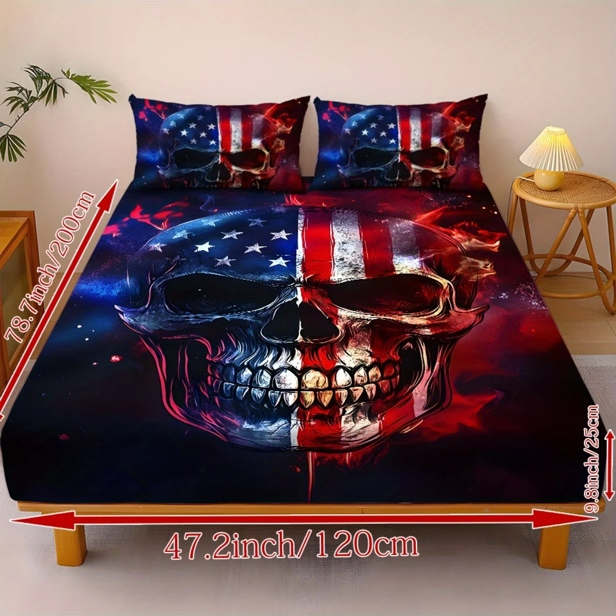 Star and stripe skull pattern mattress protector, breathable and comfortable mattress protector, made of breathable polyester material (includes 1 fitted sheet + 2 pillowcases). Mattress protector, fitted sheet style with elastic edges, protective cover, mattress cover, fitted sheet bedding, Christmas-themed bedding