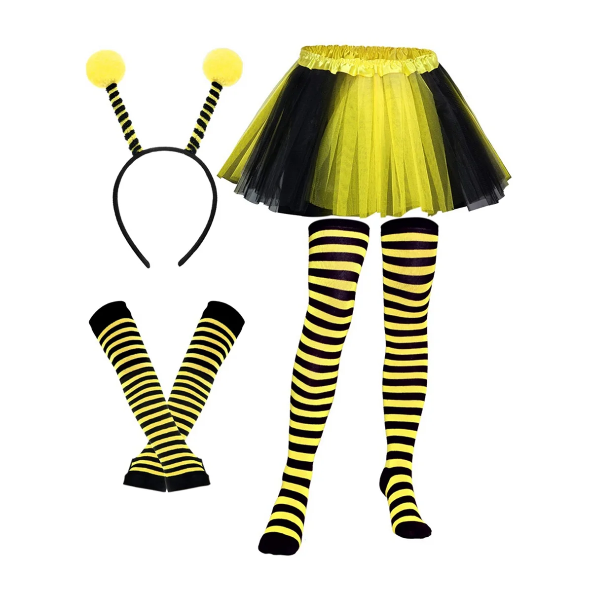 Bee Costume Kit for Adult Halloween Bee Costume Tutu Skirt Bee Striped Knee Thigh High Stocking Long Gloves