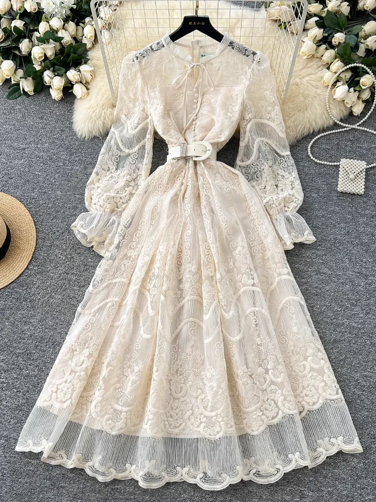 Spring France Elegant Vintage Evening Dress Women Sashes Button Mesh Embroidery Party Dress Female Casual Fairycore Clothing New