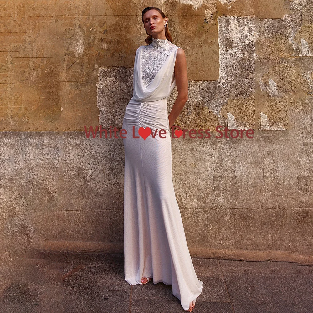 Exquisites Spitzen-Abschlussballkleid mit Applikationen, Damenkleid mit hohem Kragen, Chiffon, Meerjungfrau-Stil, Hochzeitsgastkleid, maßgeschneidertes ärmelloses Abendkleid, neu