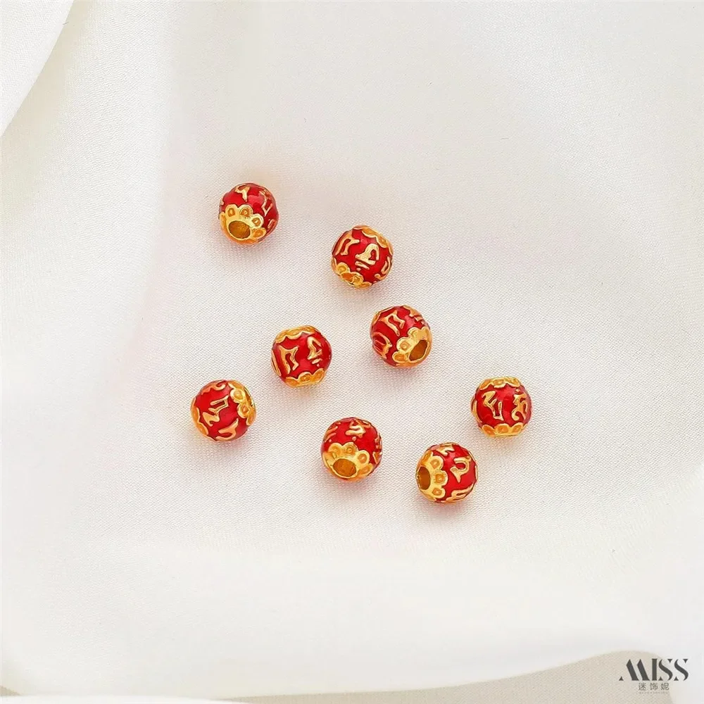 Color Retention 18K Cloisonne Burnt Blue Enamel Color Red Round Bead Diy Flower Ball Bracelet Red Jewelry Accessories