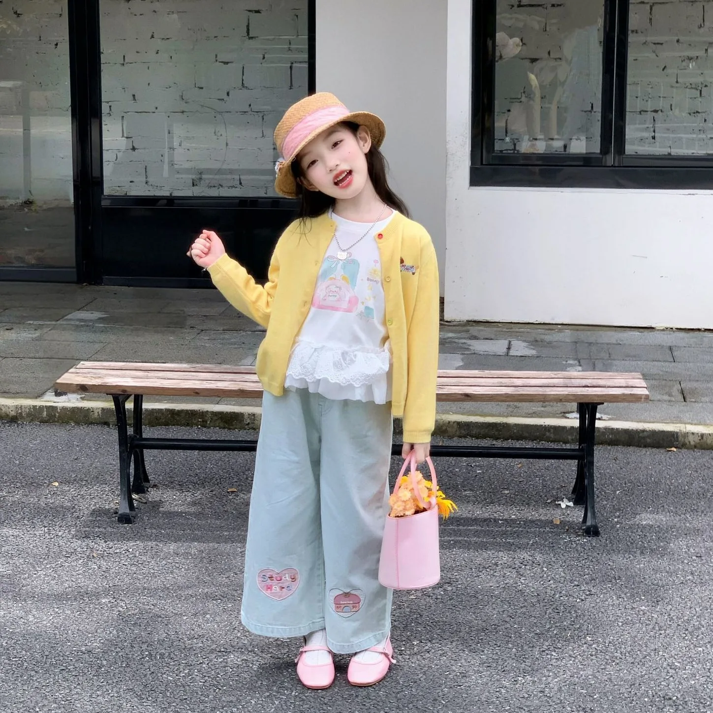 2026 Autumn New Girls'  Lace Splicing T-shirt+Patchwork Jeans  winter baby girl clothes