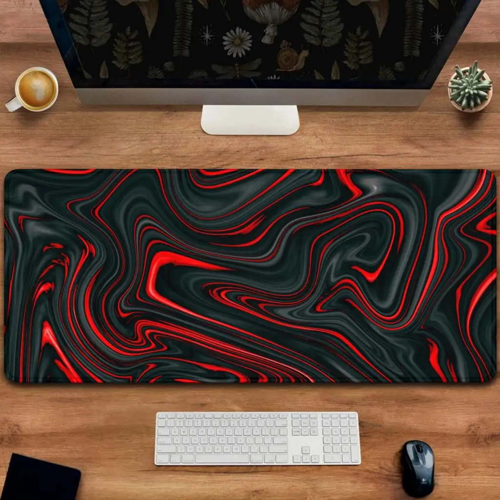 

Red Swirls Abstract Mousepad XXL For Laptop 900x400 Mouse Pad Liquid Rubber Base Black And Red Desk Mat