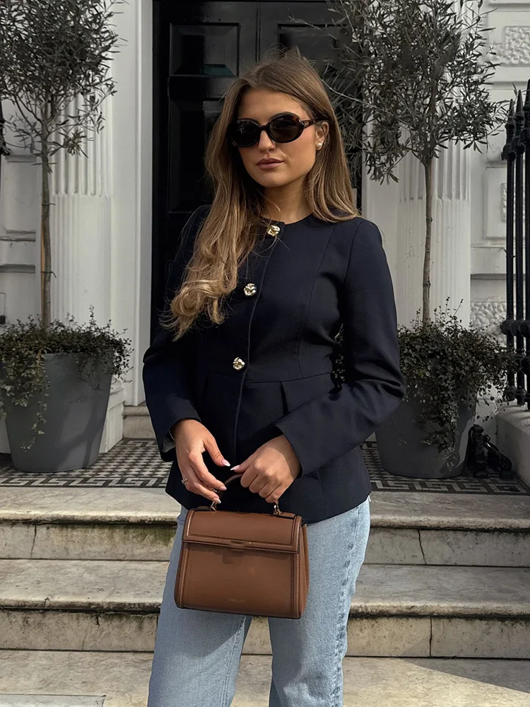 

HH Women 2 Piece Set Elegant O-Collar Single-Breasted Long Sleeve Blazer Top+High Waist Zipper Casual Loose Long Pants