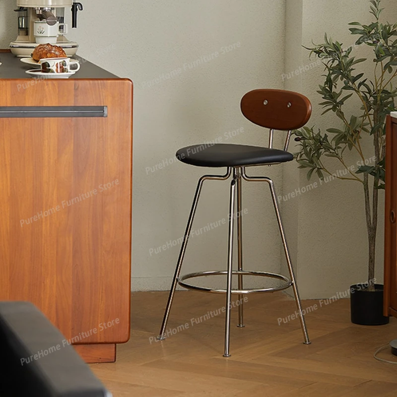 

Vintage Bar Chair, Home Backrest, High Foot Chair, Nordic Solid Wood Small House, Simple Iron Stainless Steel High Chairs