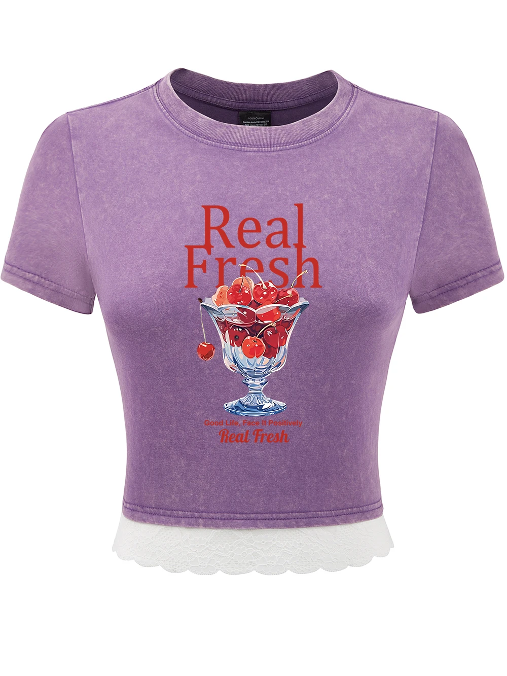 

Настоящие свежие хлопковые футболки с принтом вишневых фруктов, женские летние укороченные топы с кружевным подолом и круглым вырезом, футболки обычного кроя, сексуальная одежда