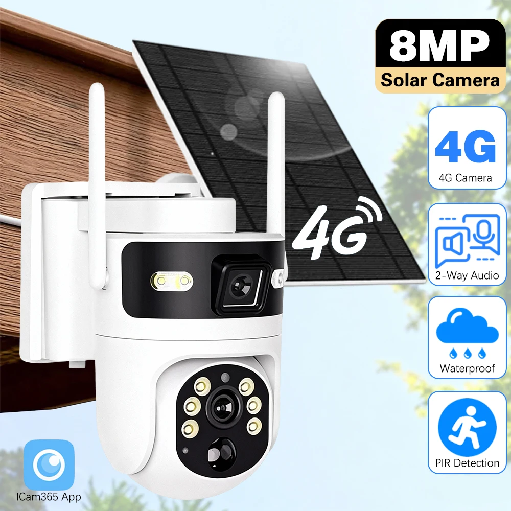 

4G Sim Card ICam365 Solar PTZ Camera Dual Screen Outdoor Solaire CCTV Dual Lens Battery 360° Solar PIR Detection Security Camera