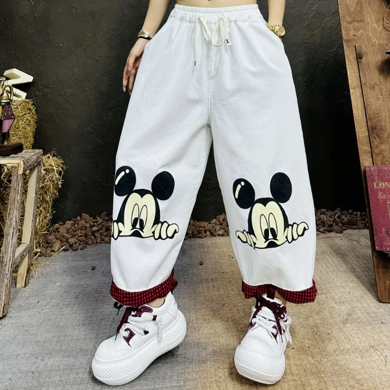 

y2k clothes for woman Disney Mickey Spring Summer Washed Jeans for Women, Literary Stylish Loose Harem Pants, Plus Size Slim Fit