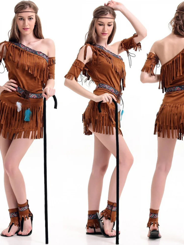 Indian Chief Animation Kostuum Halloween Outfit Kwastje Wild Man Forest orm Set Katoen Traditionele Etnische Dameskleding
