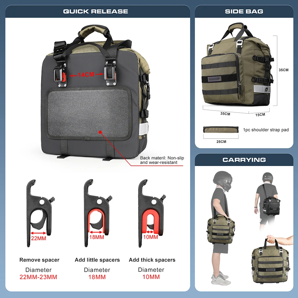 Quick Release Motorcycle Saddle Bag with Removable Waterproof Inner Bag Universal Motorbike Side Bag Travel Luggage Pack Pannier