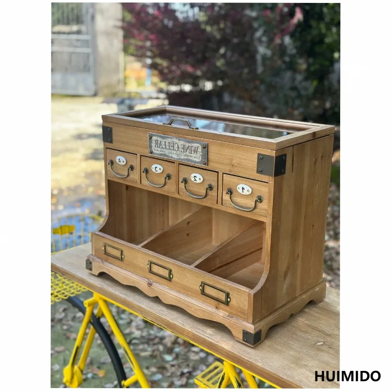 Rustic Wooden Wine Cellar Cabinet with Glass Lid, 4 Numbered Drawers, Open Shelves, Vintage Style, 20.5 x 11 x 15.75 Inch