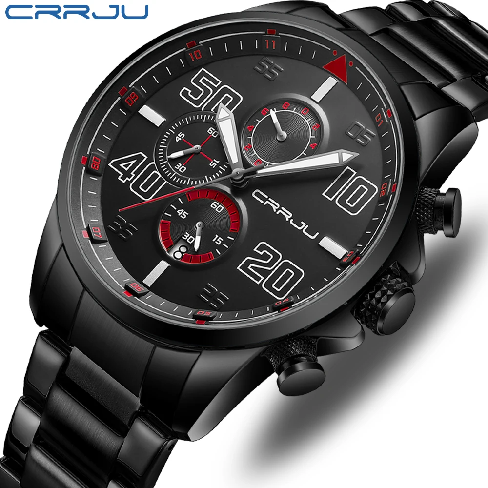 CRRJU-Reloj de pulsera de acero inoxidable para hombre, cronógrafo Masculino de lujo con esfera grande, resistente al agua, con fecha