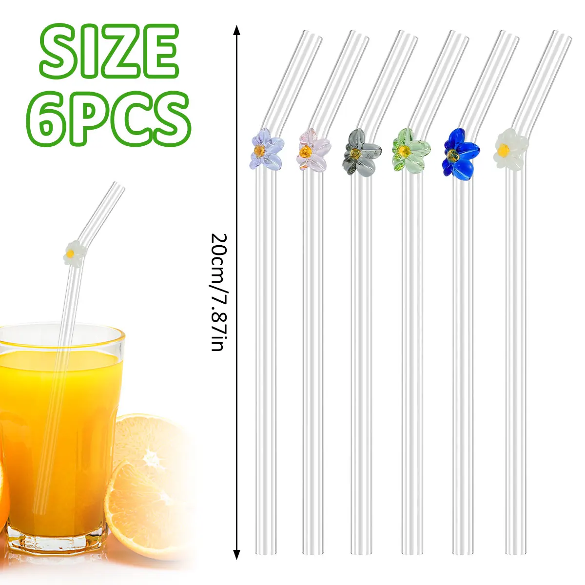 6Pcs Drinking Straws Clear Glass Drinking Staws with Cleaning Brush Cute Flower Tortoise Straws Heat-Resistant Smoothie Straws