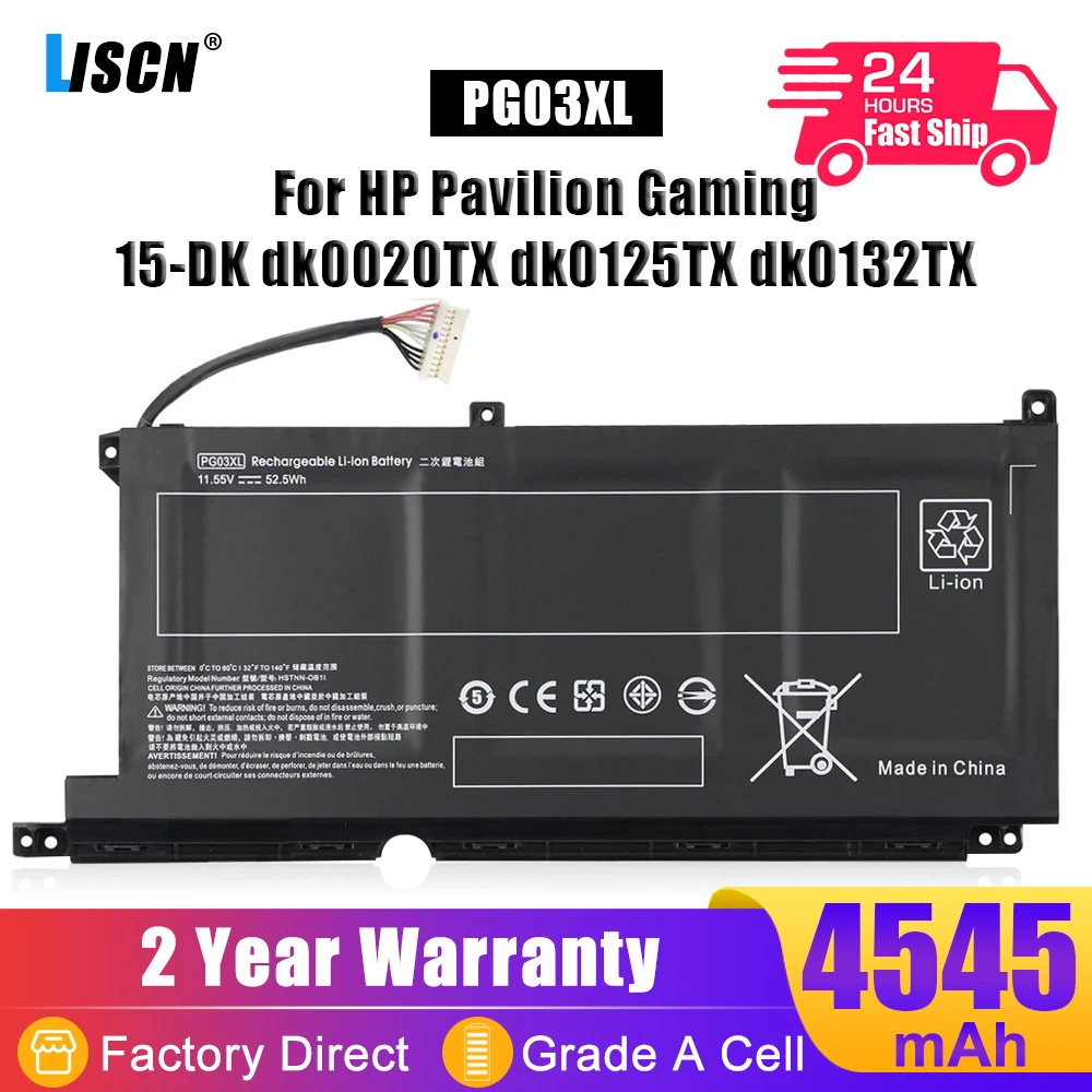 

LISCN 11.55V 52.5Wh PG03XL Laptop Battery For HP Pavilion Gaming 15-DK dk0125TX dk0132TX 15-ec1011ns ec1012ns ec1206ng TPN-Q229