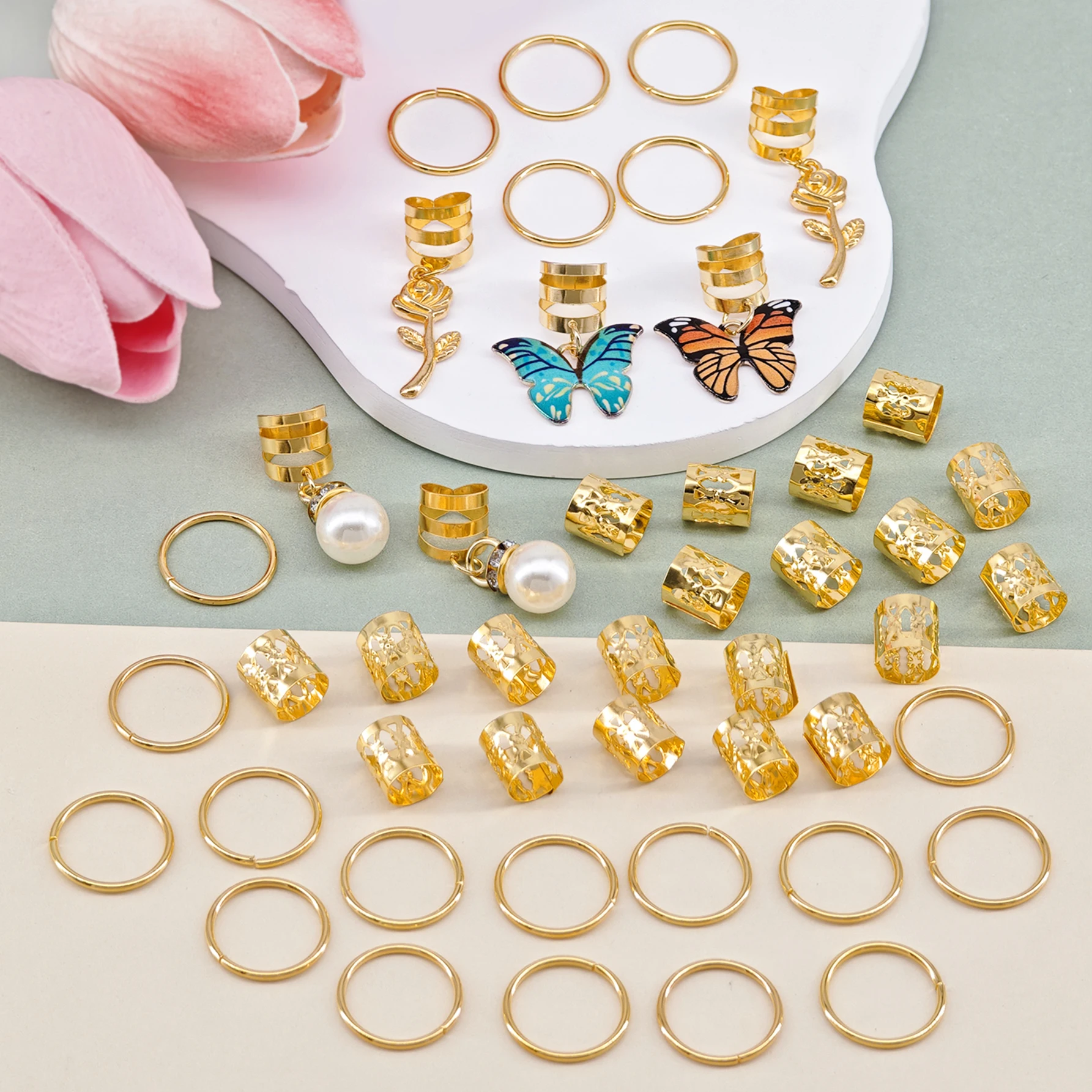 46 個ローズバタフライ三つ編みクリップクリスタルドレッドヘアアクセサリーカラフルな蝶ペンダントチャームパールヘアジュエリーギフト