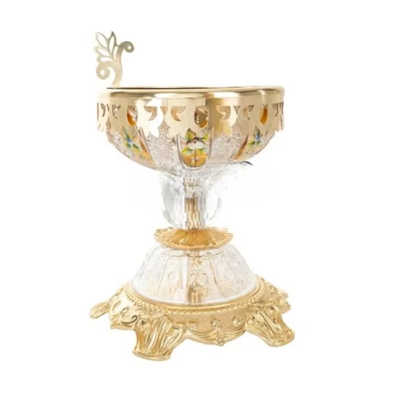 

Golden brass incense burner with hand-painted crystal bowl ornate base and luxurious decorative details