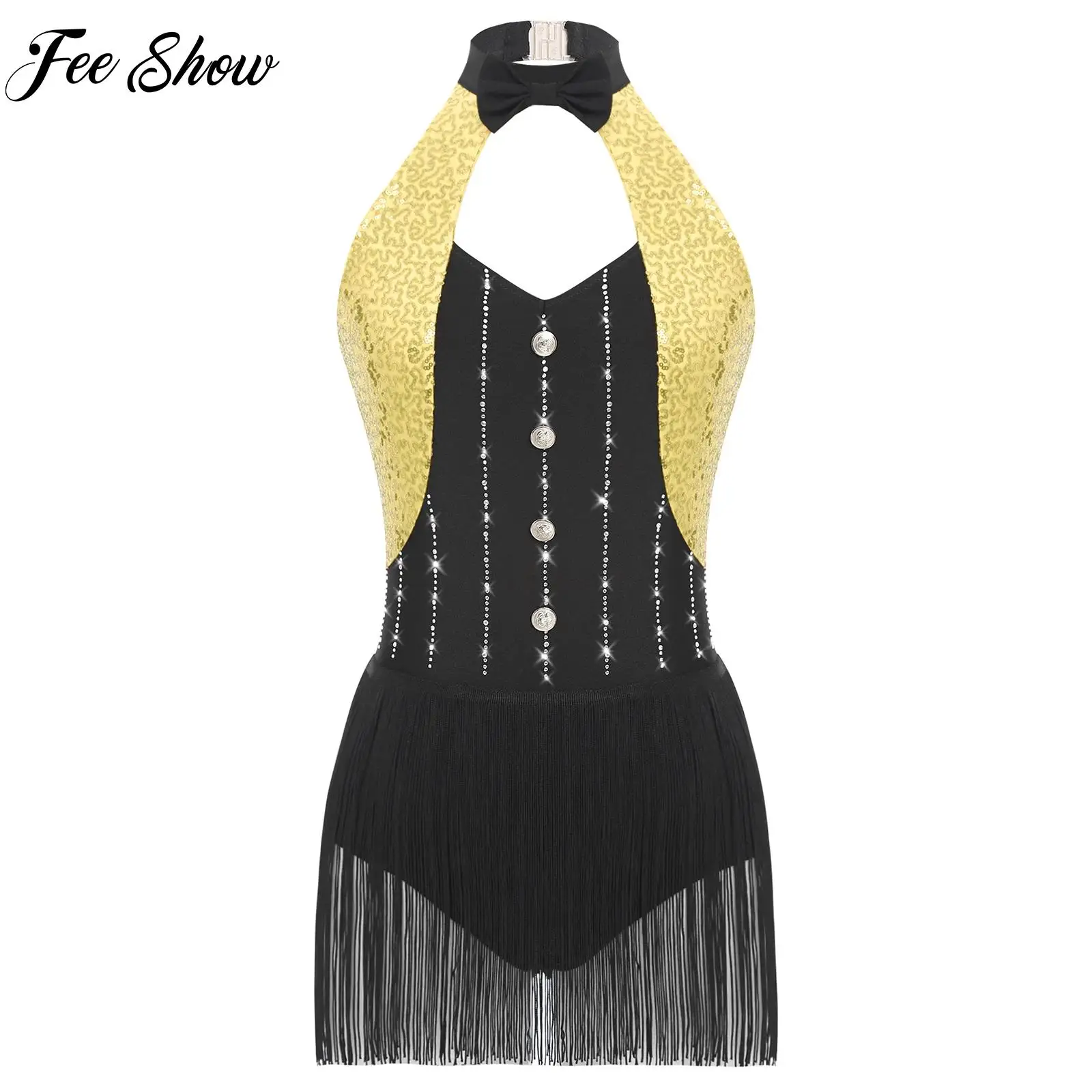 

Womens Sparkly Sequins Jazz Dance Leotard Costume Tassel Fringe Bodysuit Jumpsuit for Latin Cha-cha Samba Stage Show Performance