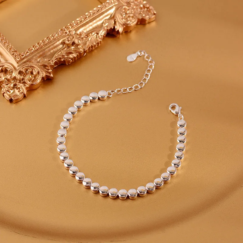 

Minimalism 925 Sterling Silver Geometric Flat Bead Bracelet for Women Men Lovers Trendy Handmade Hasp Bracelets Accessories Gift