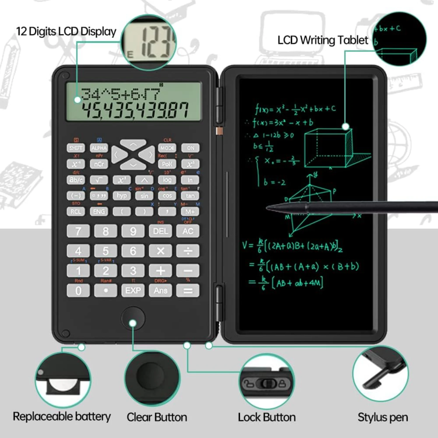 2 in 1  Calculator with Writing Tablet, Desktop Pocket LCD Science Calculator Notepad  Financial Calculator for  School Office B