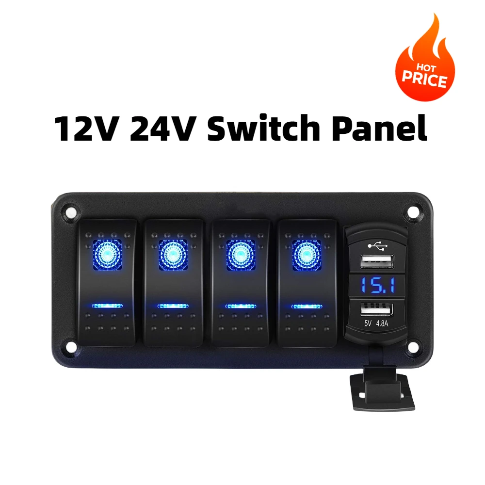 12V 24V Switch Panel 4 Buttons Light Toggle USB Chargers 3.0 Adapter Voltmeter Tester Accessories For Car Marine Boat Caravan RV