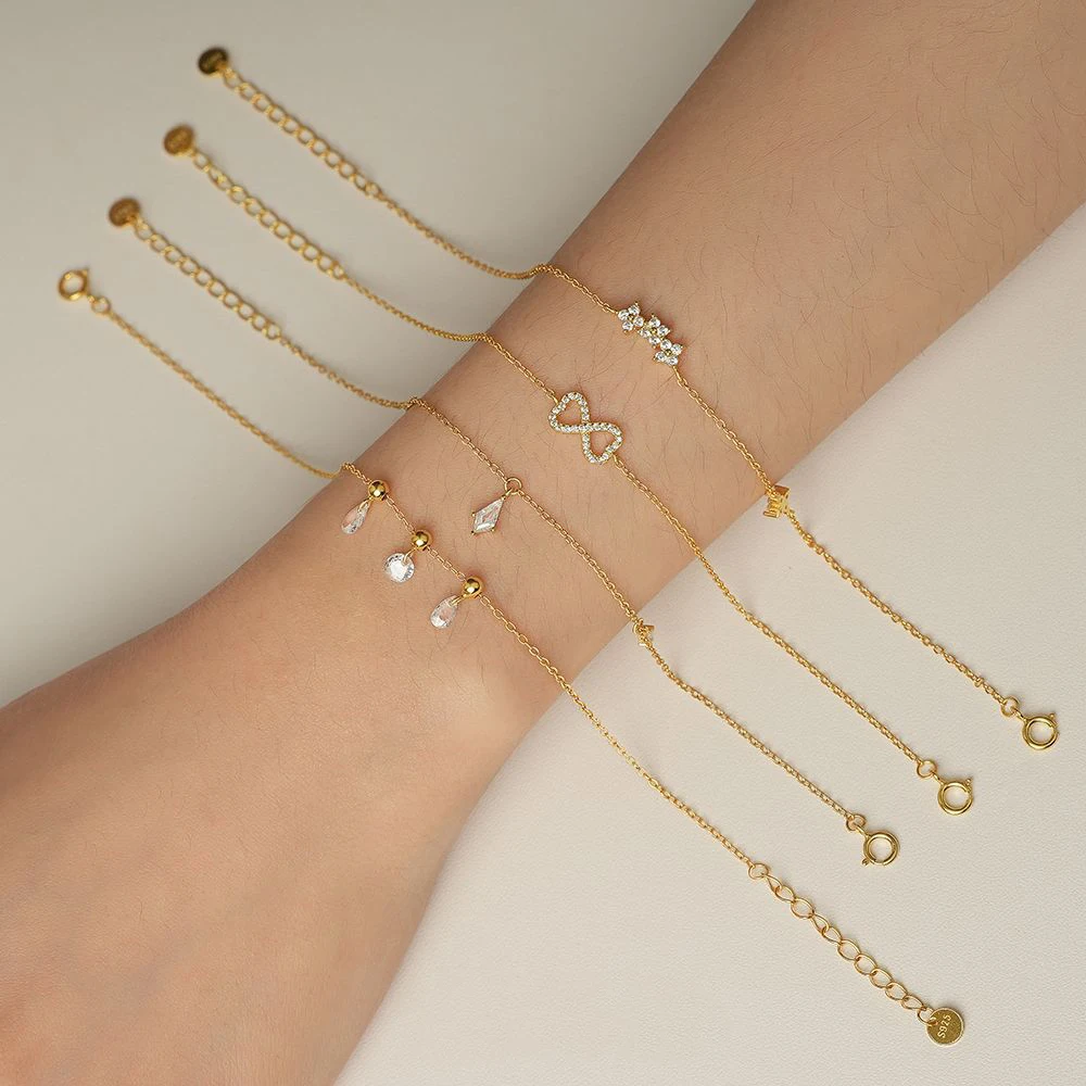 

925 Silver Chain Bracelet Double Layers Round Beads Link Chain Bracelets Women Adjustable 14K Gold Plated Jewelry