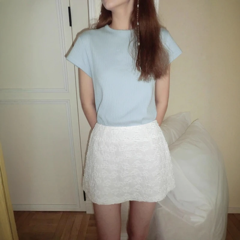 

Smoothm**d Cotton 95% round Ne ort Sve T-irt Pure Color Striped Elastic Casual Summer Top for Women