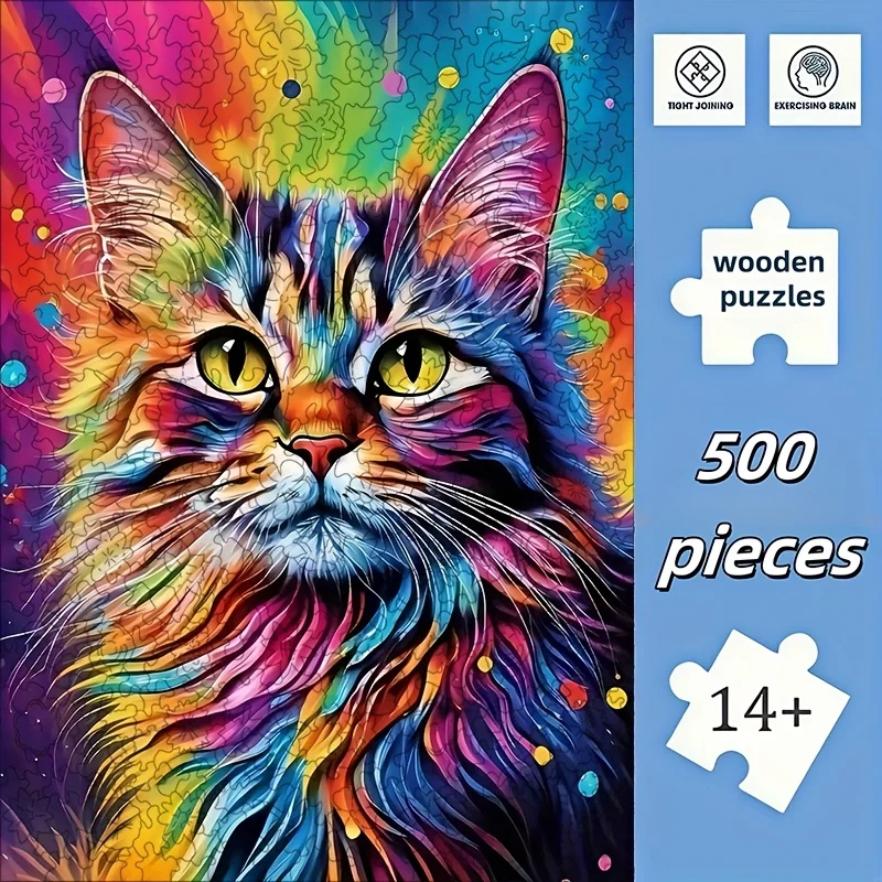 2D flach, 1 Set, 500 Stück Holzpuzzle – farbenfrohe hübsche Katze im modernen Stil, geeignet für Erwachsene und Jugendliche ab 14 Jahren
