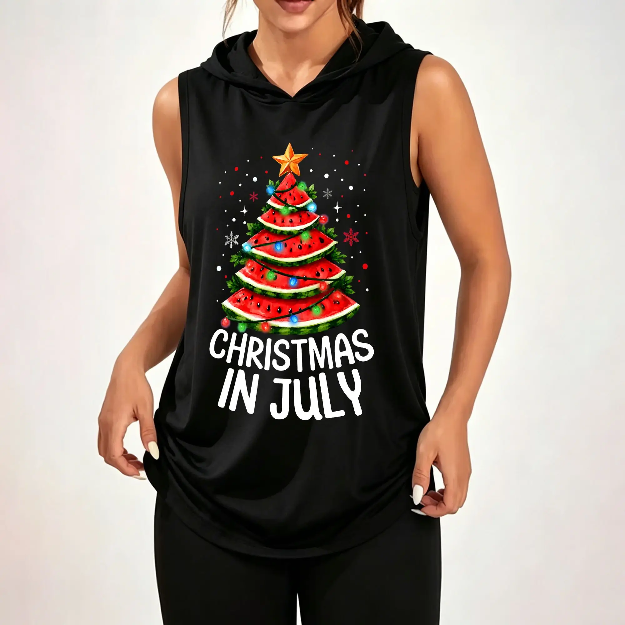 Women's Sleeveless Hoodie, Christmas In July Watermelon Christmas Tree Light Snowflake Graphic Print Casual Hooded Tank Top