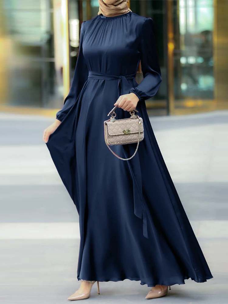 ZANZEA Elegant Women Satin Maxi Dress Muslim Islamic Luxury Long Sleeve O Neck Tied Waist Abaya Robes Solid Color Party Vestidos