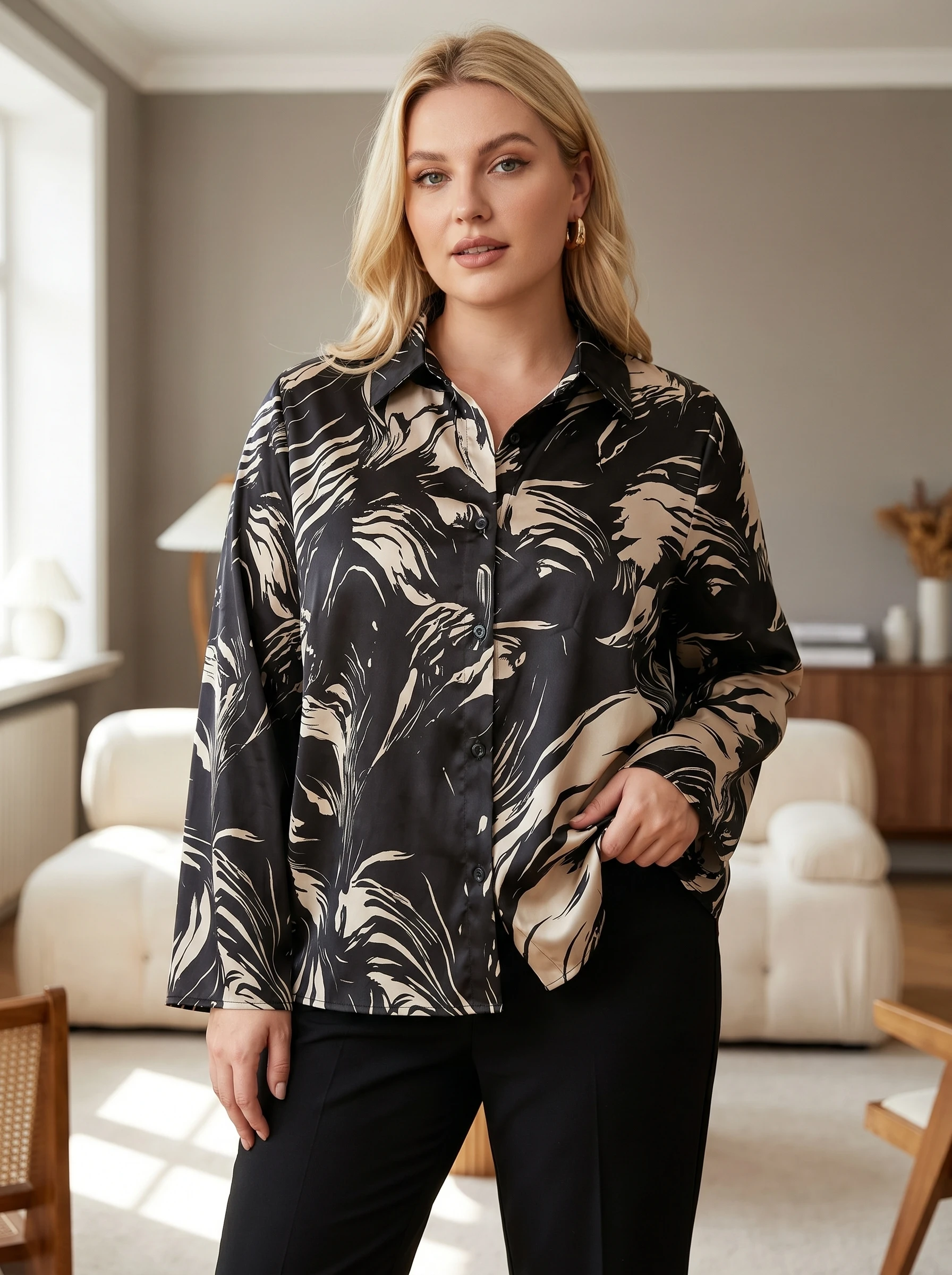 

Rosa fera Plus Size Women Abstract Botanical Print Button Down Shirt Long Sleeve Collared Blouse