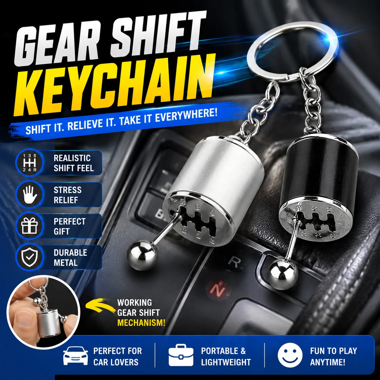 Metal Gear Shift Keychain Anti Distraction Fidget Toy For Drivers Smooth Spinning Reminder Keychain Stay Focused While Driving