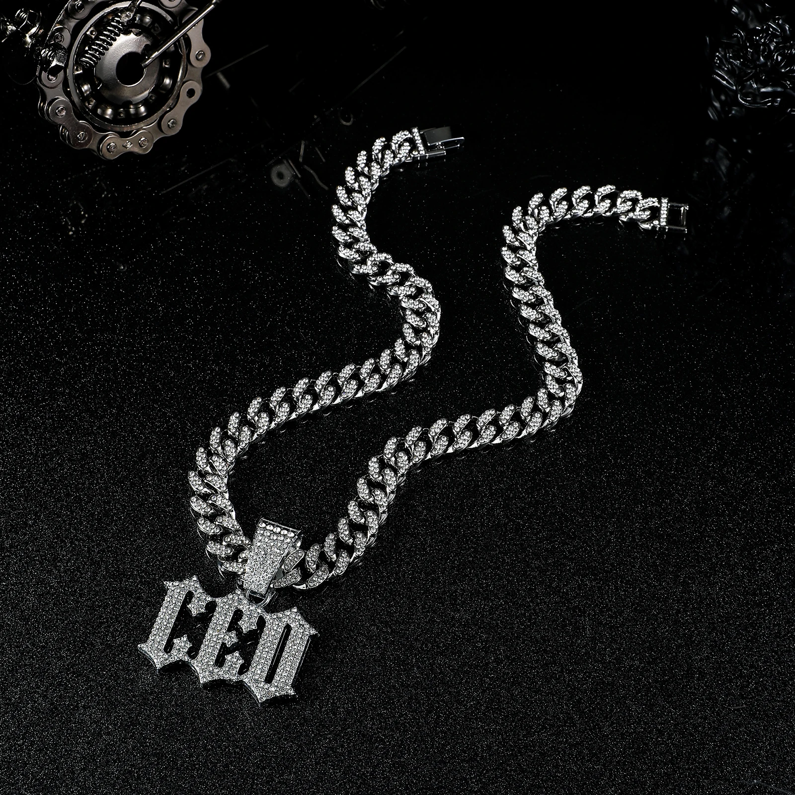 1 Pcs Punk Letter CEO Rhinestone Necklace Pendant Iced Out Hiphop Cool Zinc Alloy Jewelry For Men Boy