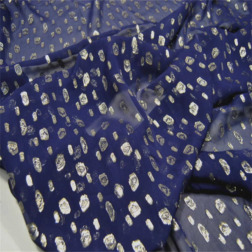 Attractive Nice Luxury Golden Polka Blue Base Soft Breathable Silk Metallic Fabric for Women Garment Evening Dress Costum Scarf