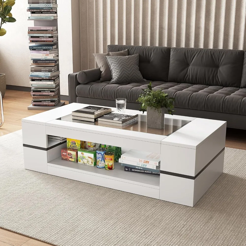 47.2 Modern Stylish Coffee Table with Glass Table Top, Large Living Room Table Rectangular 2-Tier Center Tables with Storage