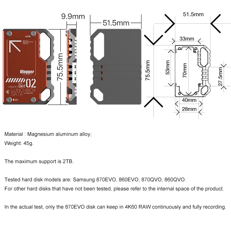 Aluminum Alloy Heat Dissipation Hard Disk Enclosure Box 2.0 mSATS to SATA for Atomos Ninja V Monitor SSD Hard Drive Card Reader