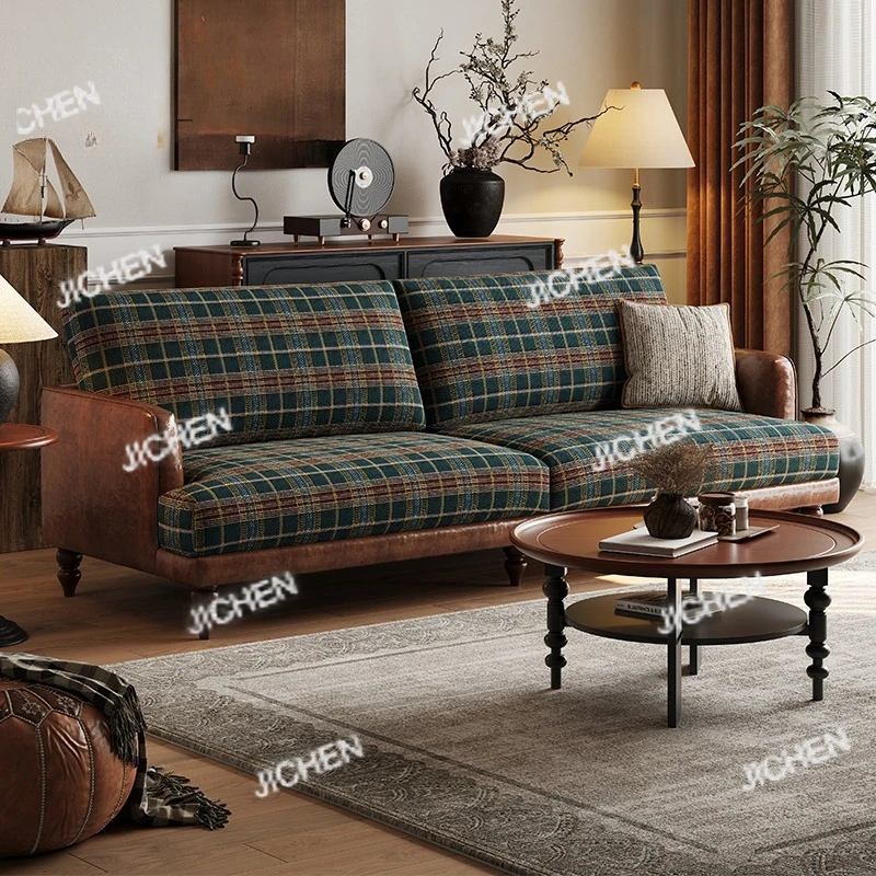 

XJC JC Американский ретро-диван для маленькой квартиры Гостиная Шотландский тканевый узор Прямой тканевый диван для трех человек