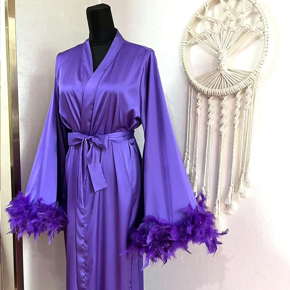 Luxury Purple Feather Robe Bride Kimono Long Boudoir Robe Wedding Floor Length Maxi Dressing Gown Bridesmaid Silk Satin Robe New