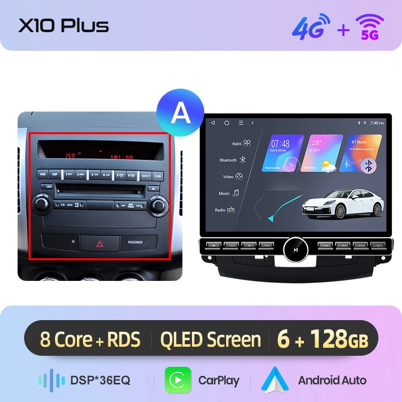 Junsun 13.1″ QLED Draadloze CarPlay Android Auto Autoradio Voor Mitsubishi Outlander 2 Citroen C-Crosser 2005-2011 DSP SWC RDS GPS