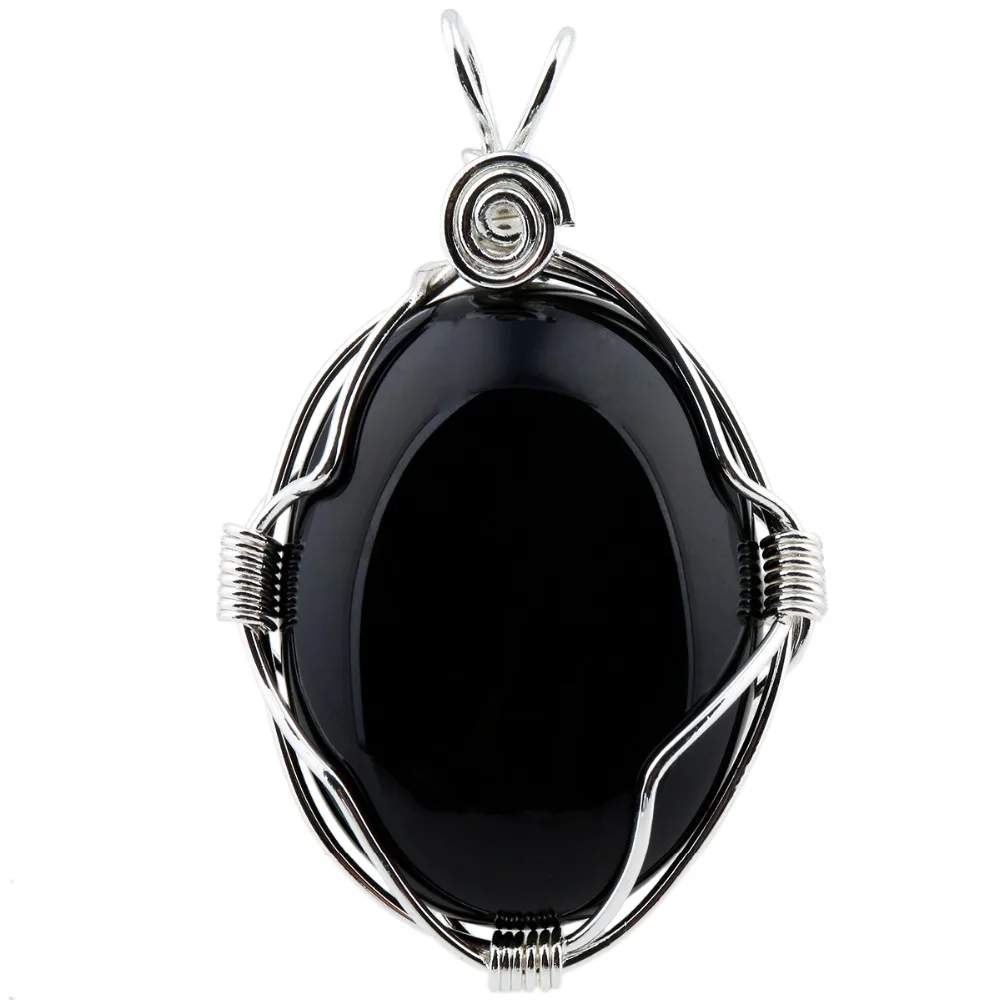 SUNYIK Black Obsidian Oval Pendant Silver Color Alloy Handmade Spring Spiral Shape Wrapped Gem Stone Jewelry For Women Necklace