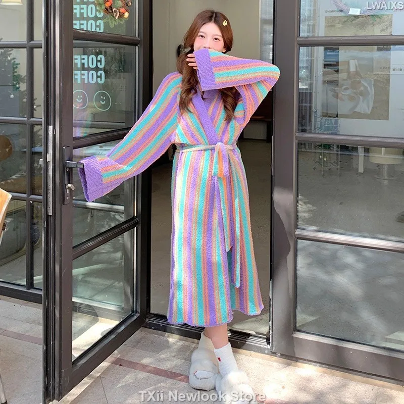 TXii Newlook Home Clothes Thickened Soft Nightgown Nightgown Nightgown Women\'s Autumn and Winter Vertical Belt Elegant Sweet